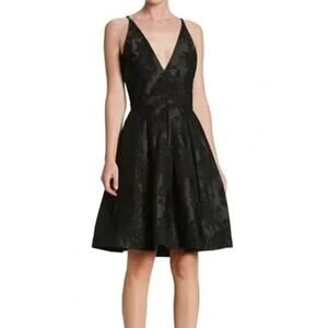 A8 Auth DRESS THE POPULATION Collette Black Floral Satin Fit & Flare Dress Sz L